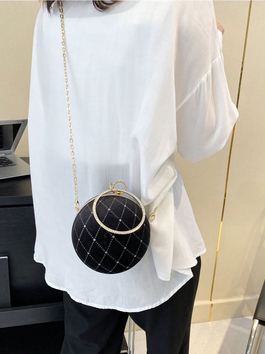Mini Circle Bag Rhinestone Decor Ring Strap Black Fashionable