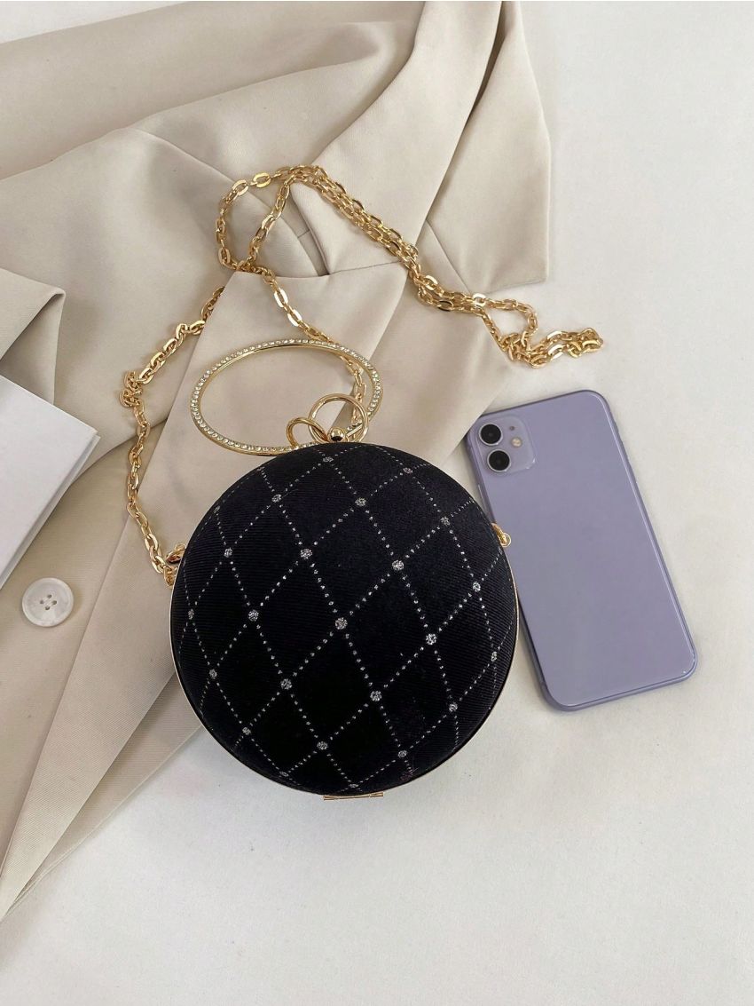 Mini Circle Bag Rhinestone Decor Ring Strap Black Fashionable