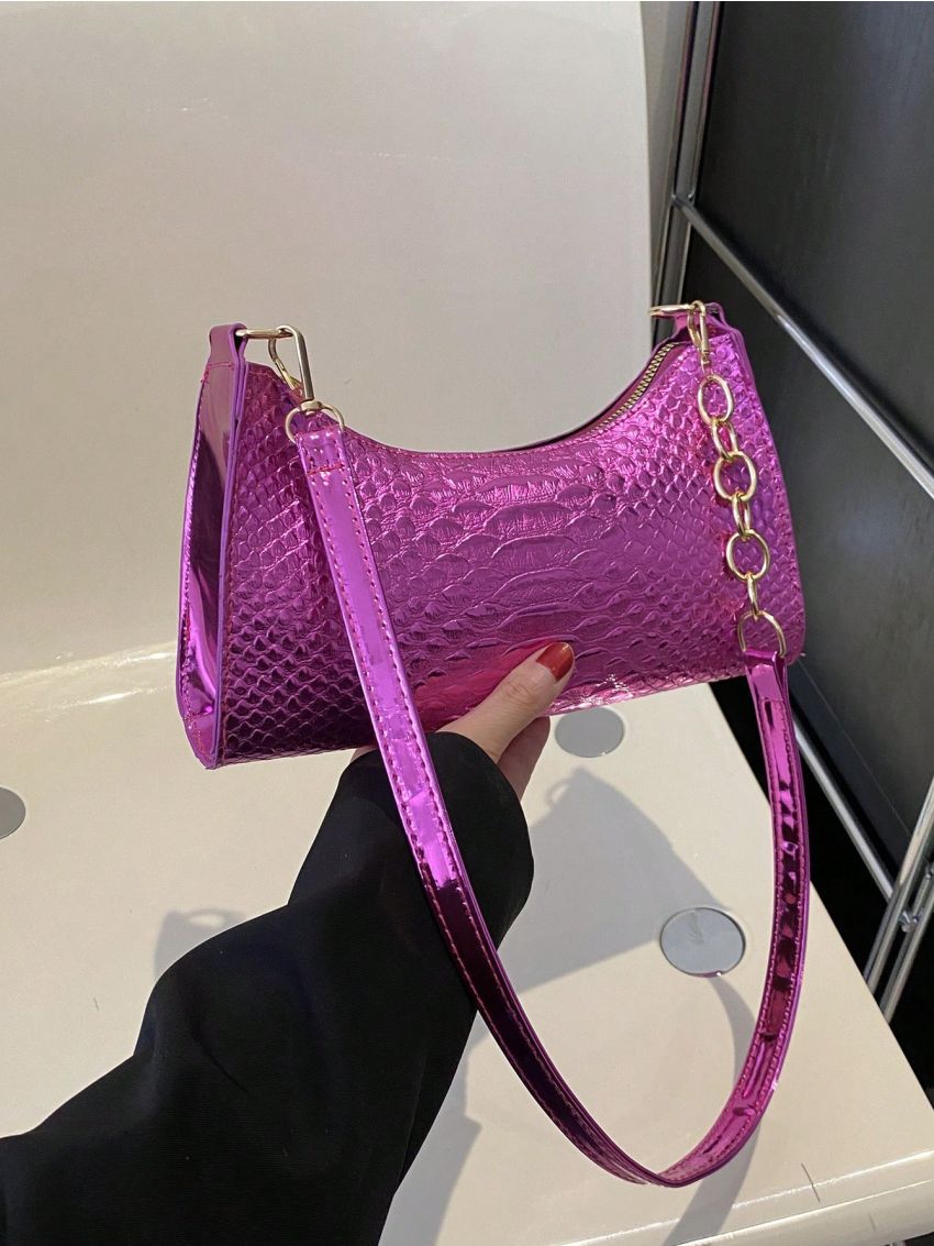 Small Baguette Bag Crocodile Embossed Fashion Style