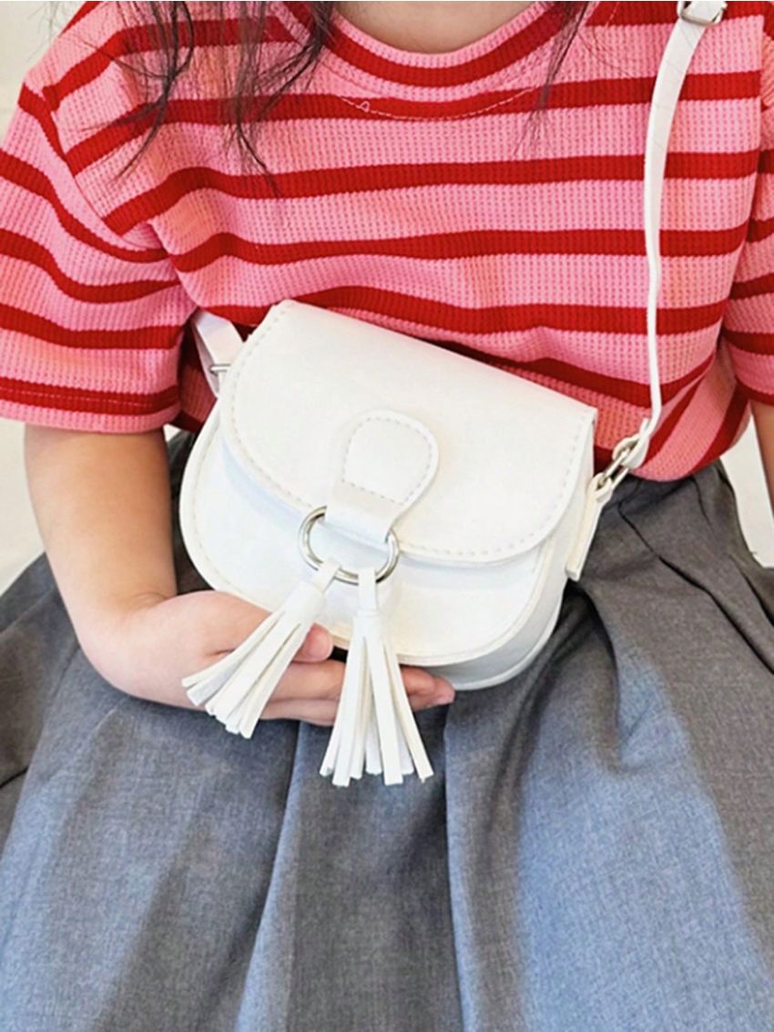 Mini Saddle Bag Solid Color Tassel Decor Flap Fashion Style