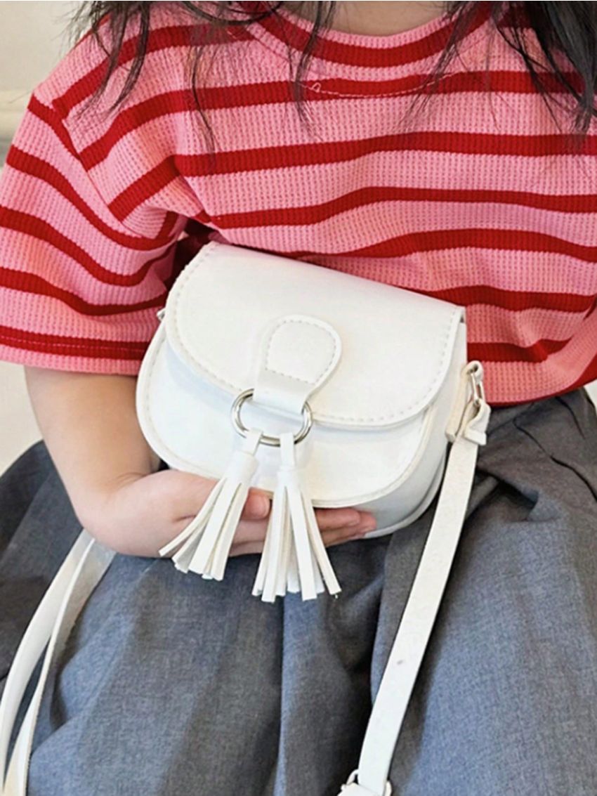Mini Saddle Bag Solid Color Tassel Decor Flap Fashion Style