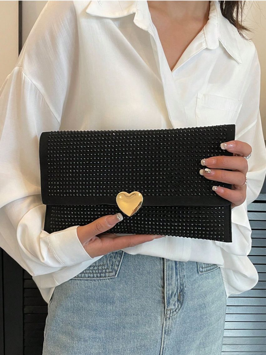 Medium Evening Bag Rhinestone & Heart Decor Flap