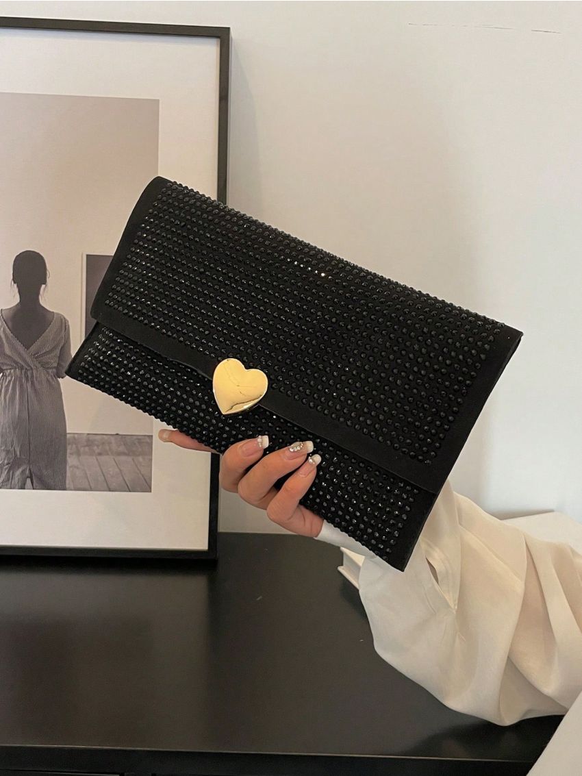 Medium Evening Bag Rhinestone & Heart Decor Flap