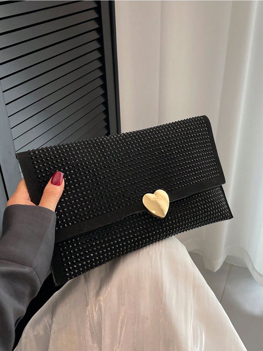 Medium Evening Bag Rhinestone & Heart Decor Flap