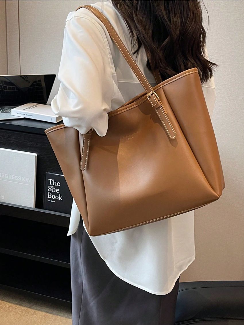 Large Capacity Tote Bag Double Handle Solid Color