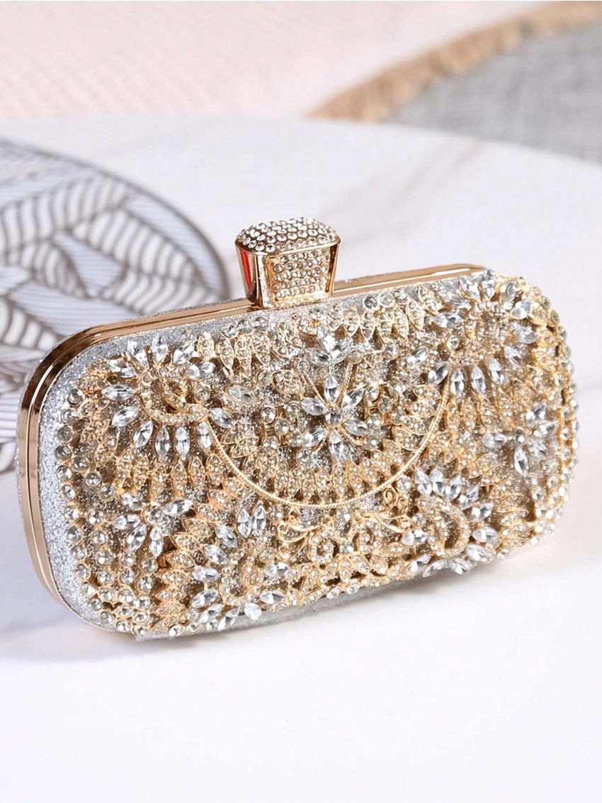 Mini Box Bag Rhinestone Decor Chain Strap Glamorous For Prom, Perfect Bride Purse For Wedding, Prom & Party Events