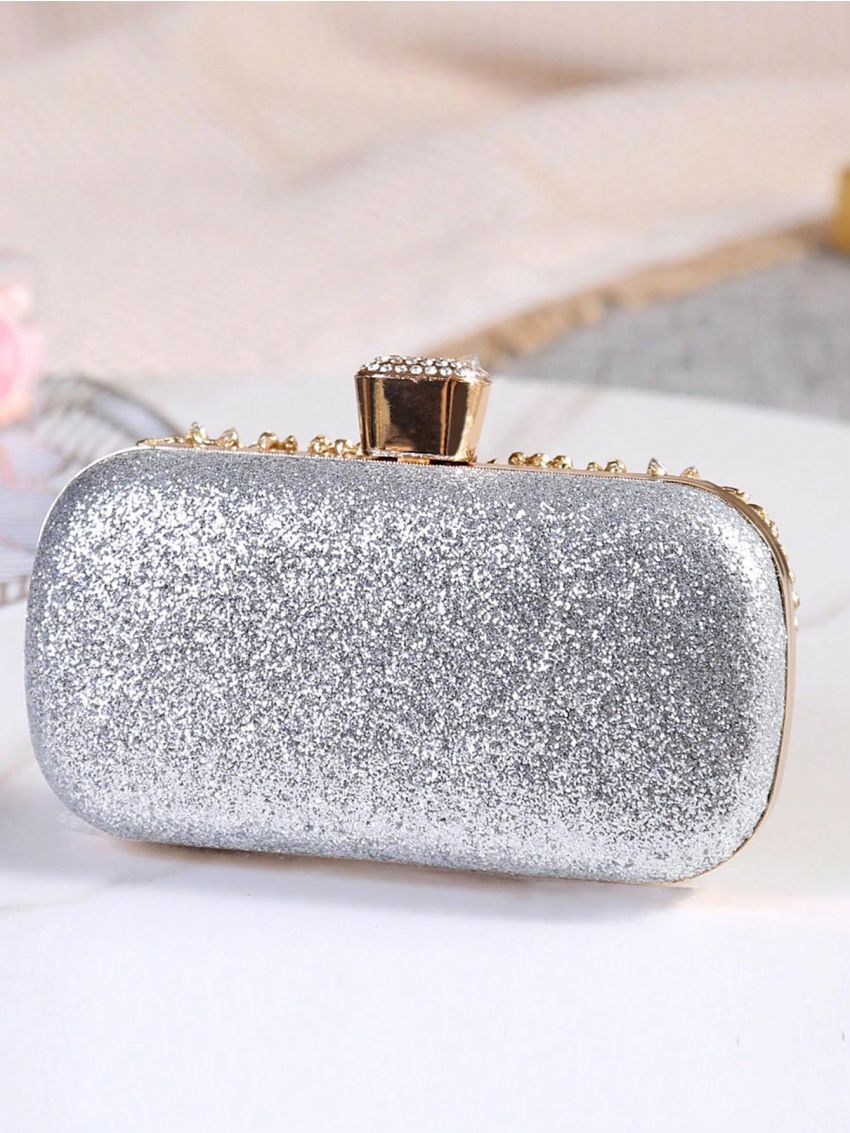 Mini Box Bag Rhinestone Decor Chain Strap Glamorous For Prom, Perfect Bride Purse For Wedding, Prom & Party Events