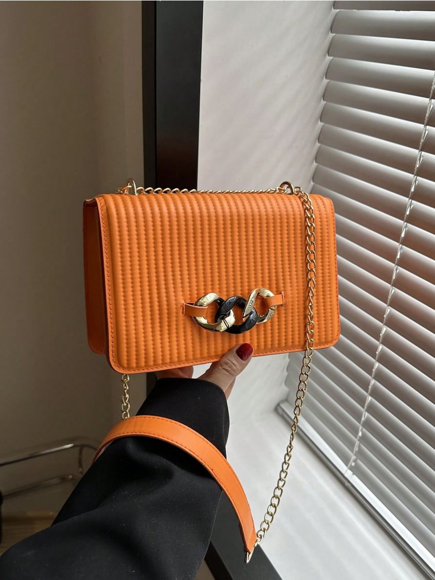 Small Square Bag Quilted Chain Decor Flap Chain Strap