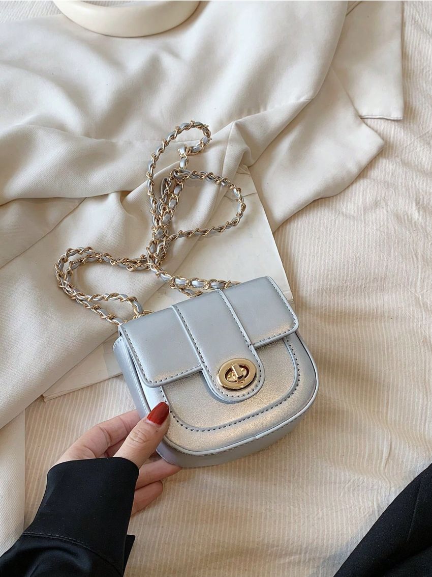 Mini Saddle Bag Twist Lock Chain Strap Solid Color