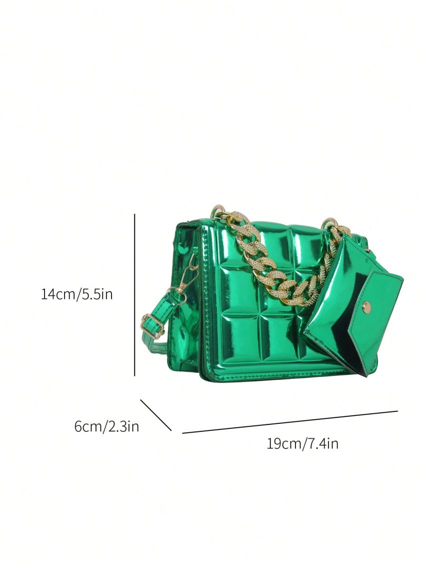 Mini Geometric Pattern Square Bag Chain Decor Metallic Funky With Coin Purse