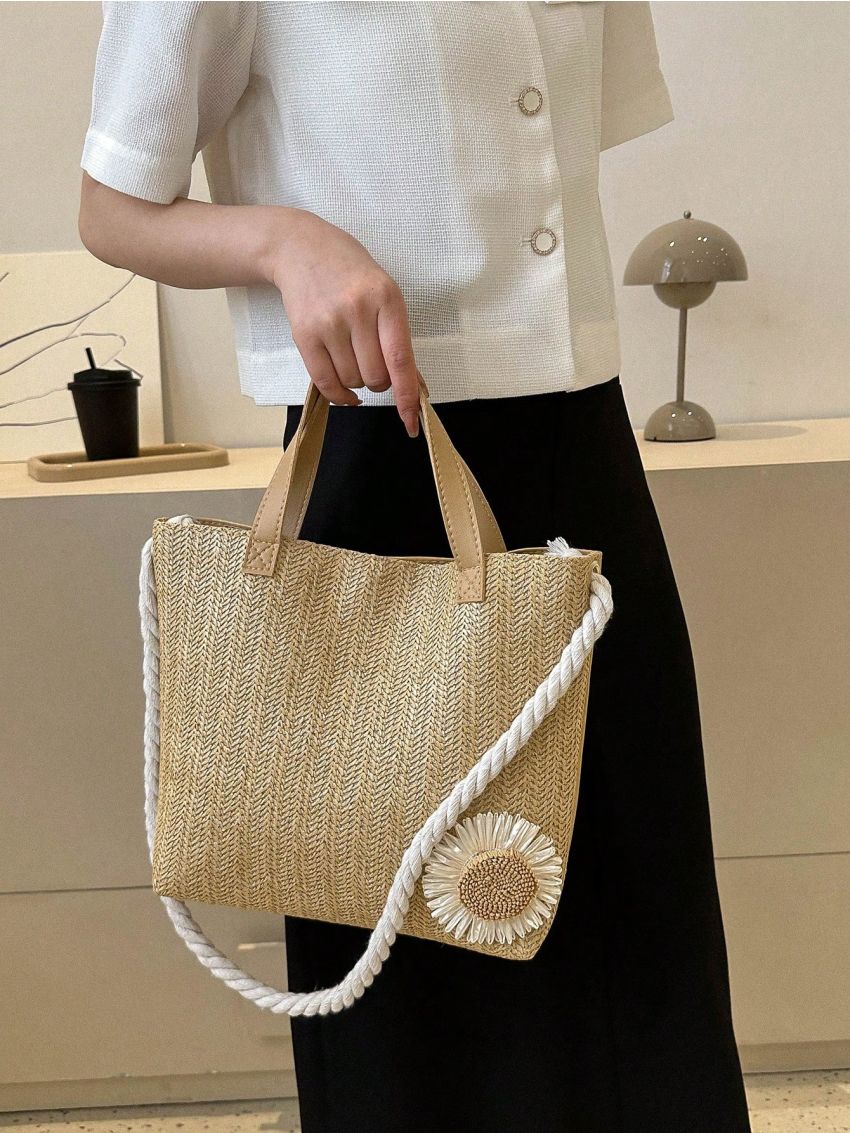 Flower Decor Straw Bag Double Handle Vacation