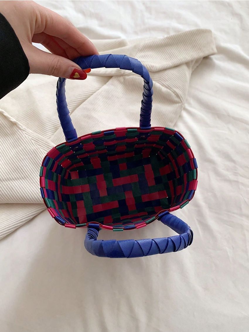 Plaid Pattern Square Bag Medium Double Handle