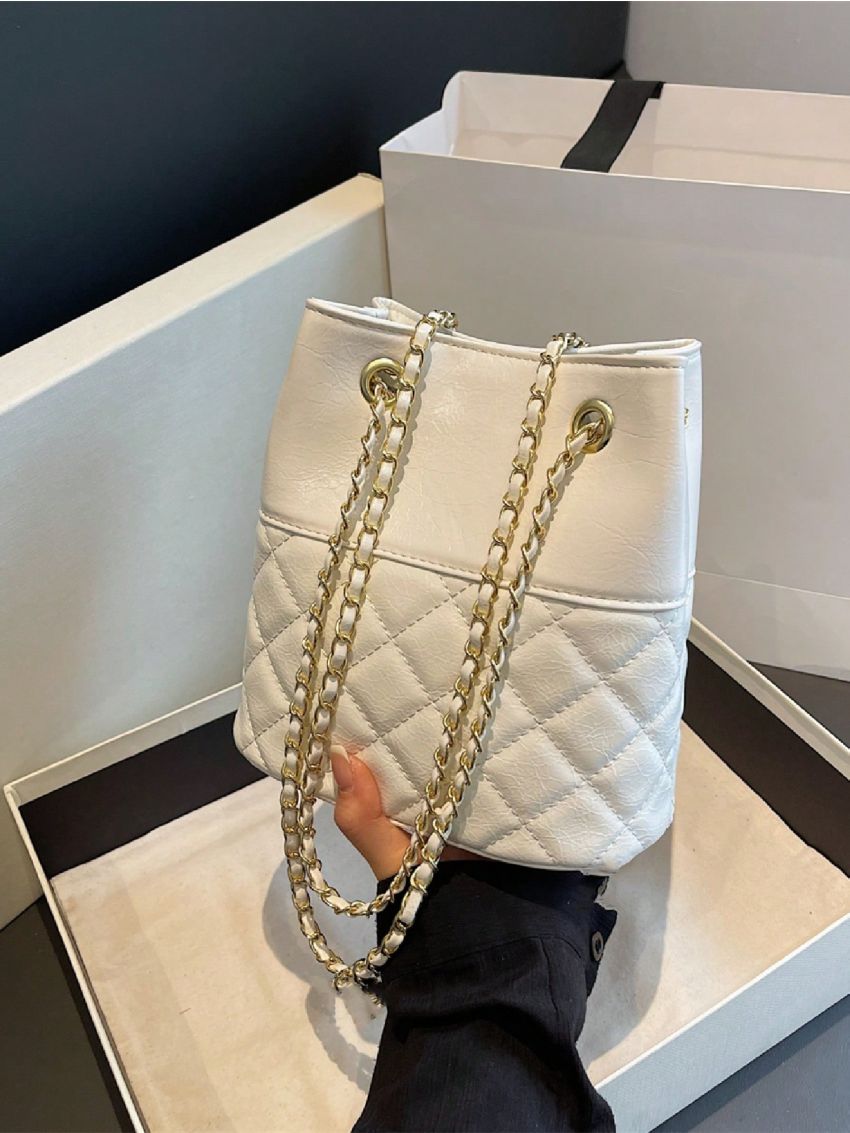 Mini Quilted Bucket Bag Chain Strap White