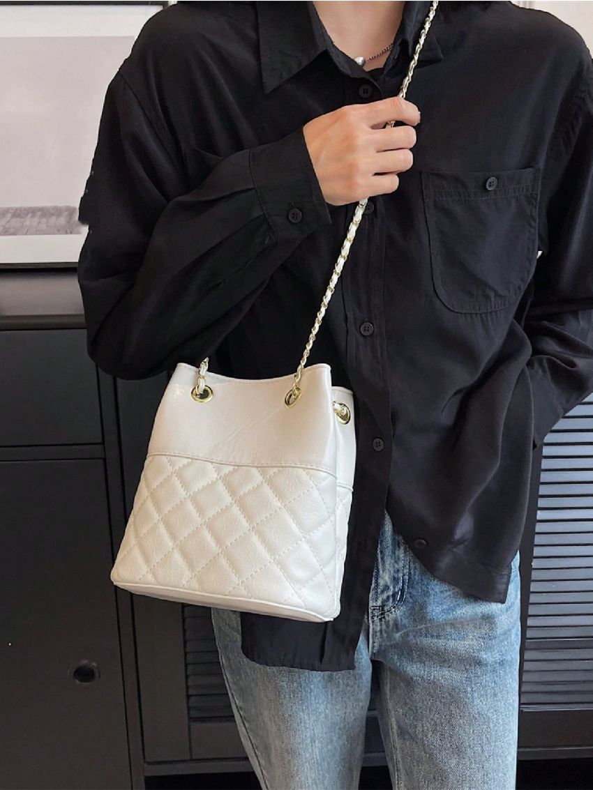 Mini Quilted Bucket Bag Chain Strap White