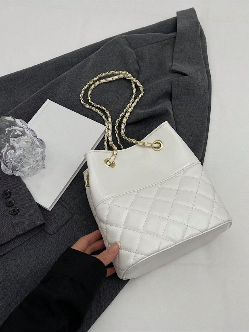 Mini Quilted Bucket Bag Chain Strap White