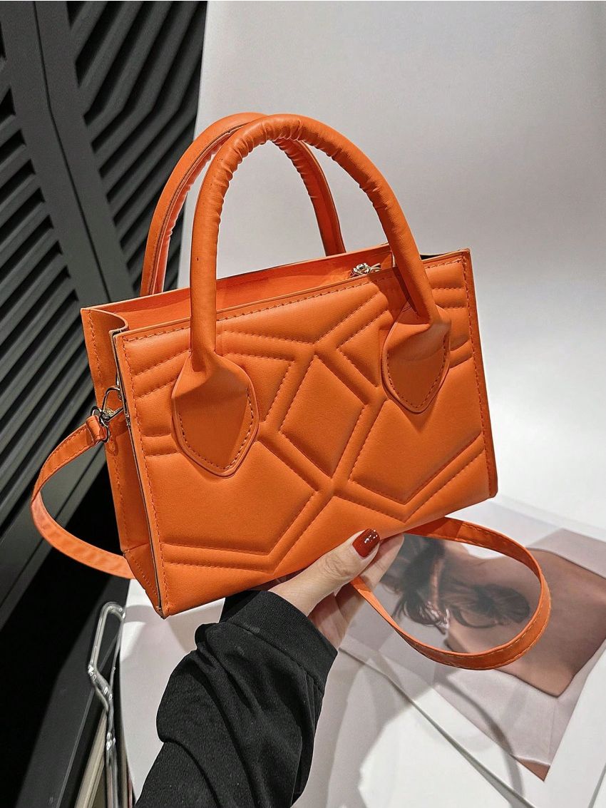 Quilted Square Bag Orange Fashionable Double Handle