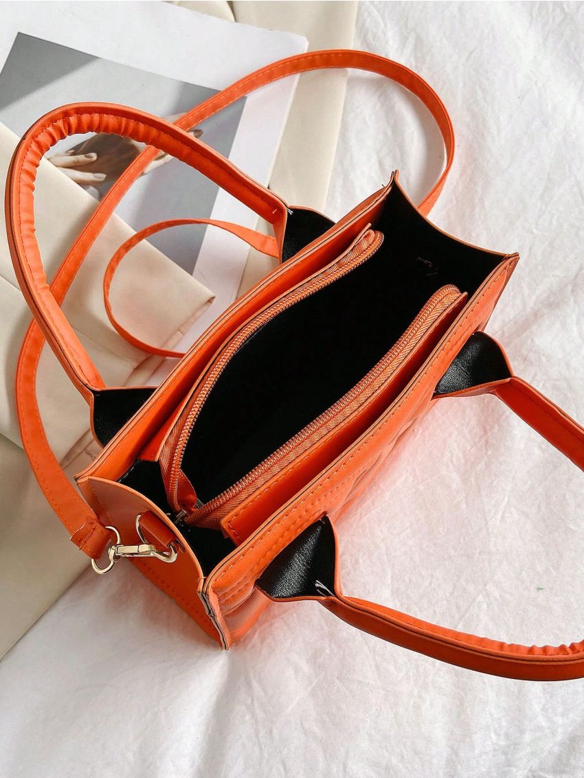 Quilted Square Bag Orange Fashionable Double Handle