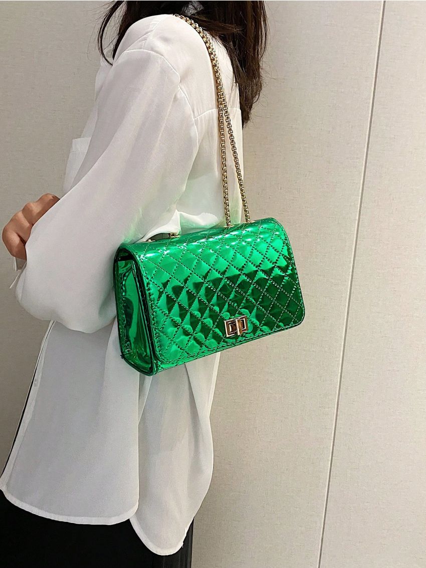 Quilted Square Bag Green Flap Chain Strap