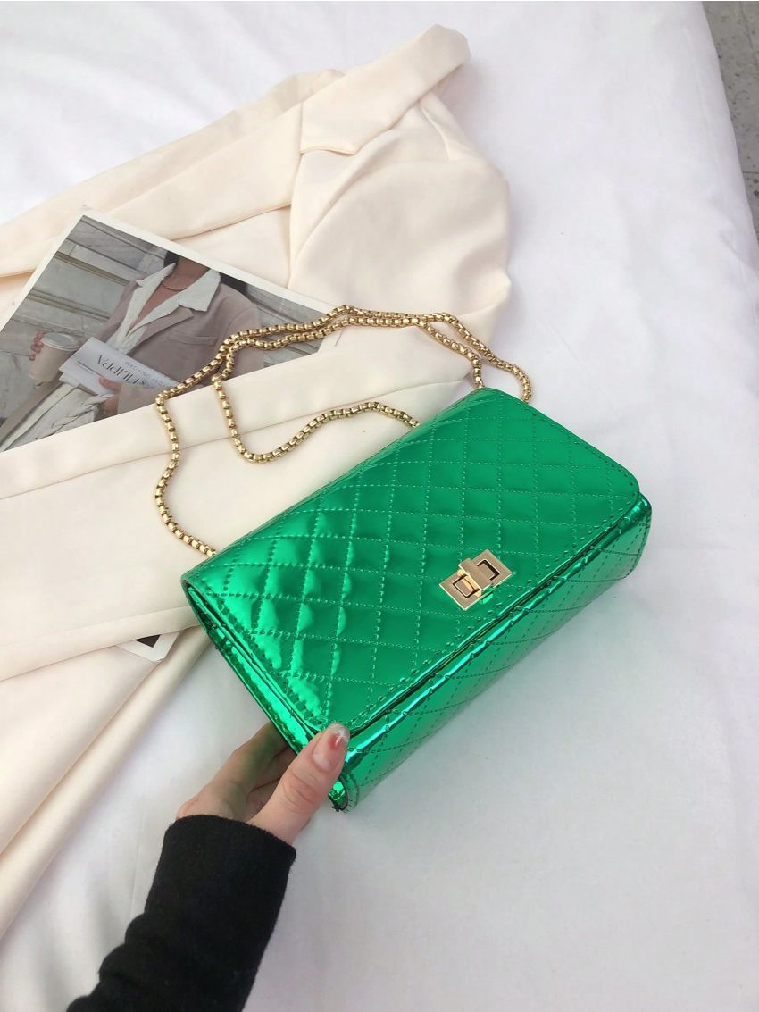 Quilted Square Bag Green Flap Chain Strap