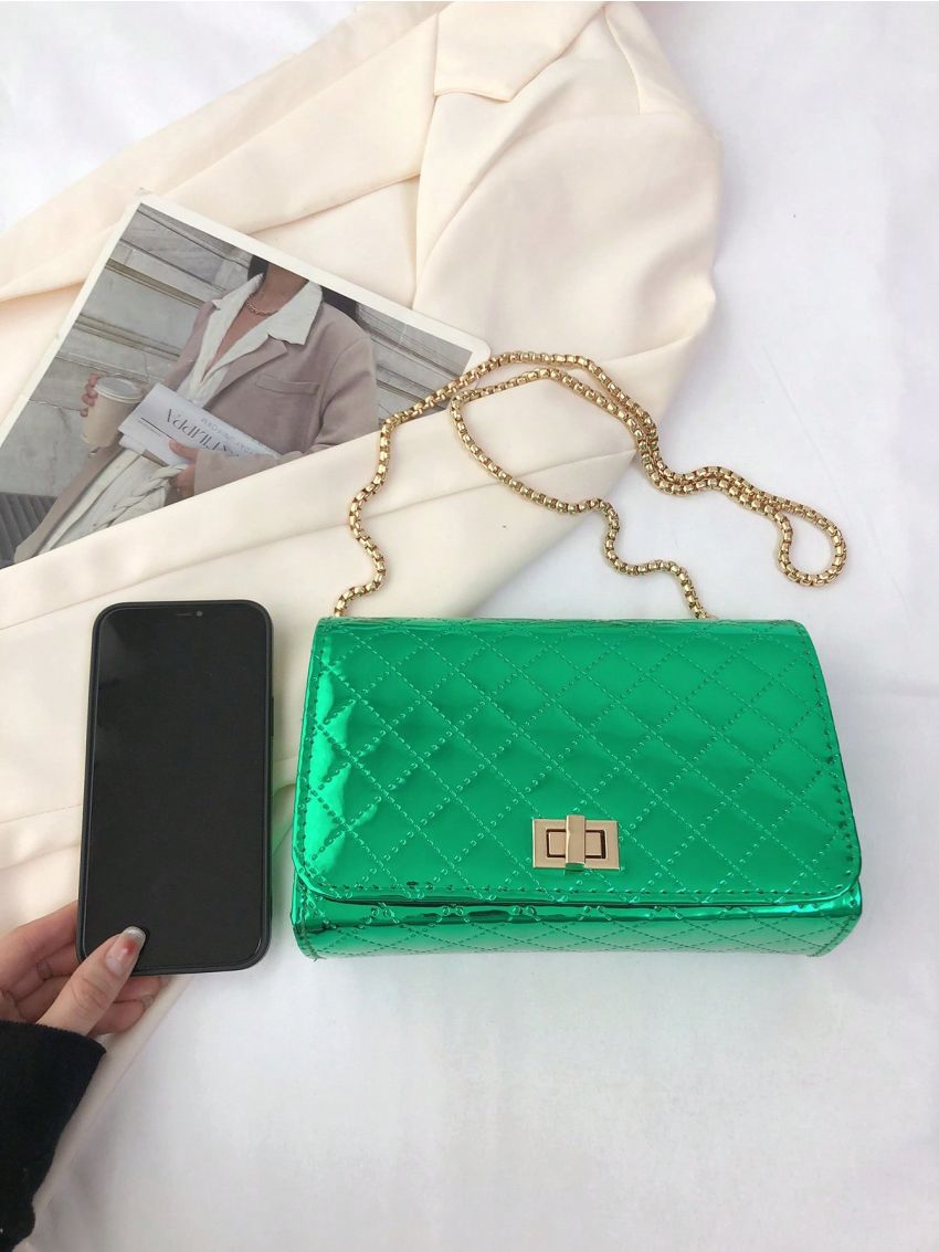 Quilted Square Bag Green Flap Chain Strap