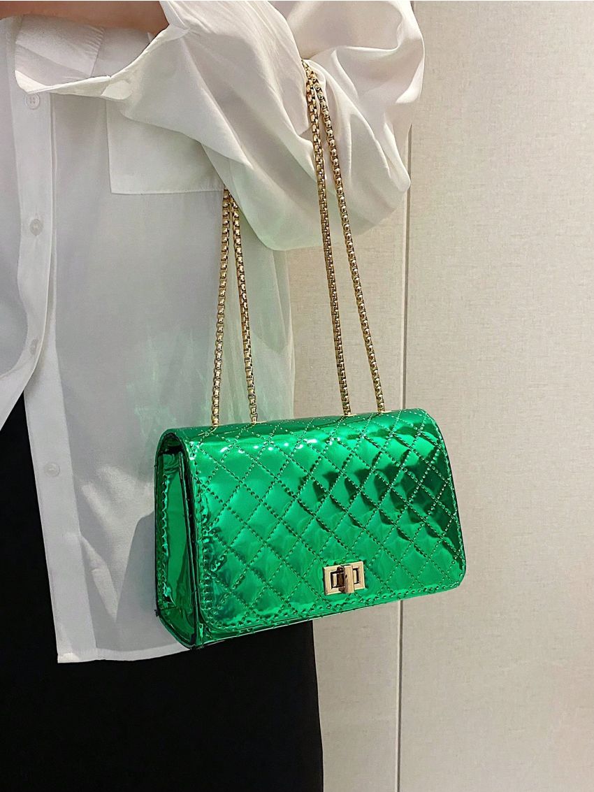 Quilted Square Bag Green Flap Chain Strap