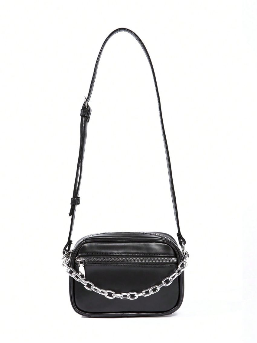 Mini Square Bag Black Chain Decor Adjustable Strap For Daily