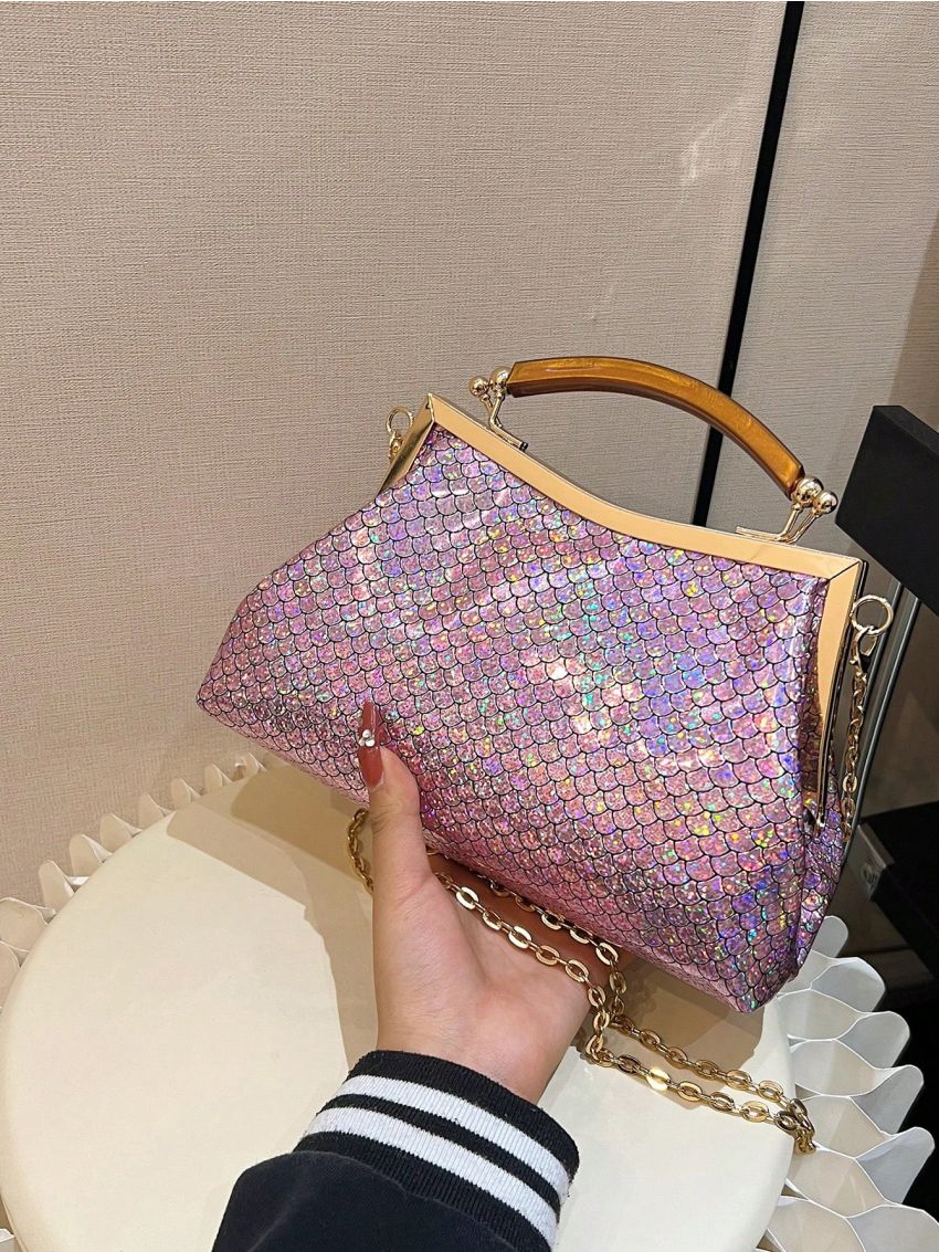 Small Square Bag Fish Scale Pattern Top Handle