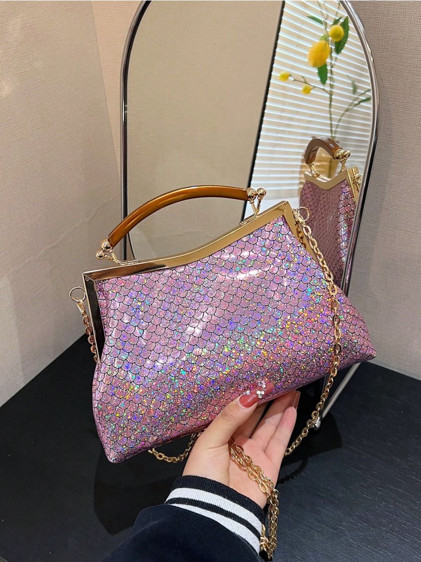 Small Square Bag Fish Scale Pattern Top Handle