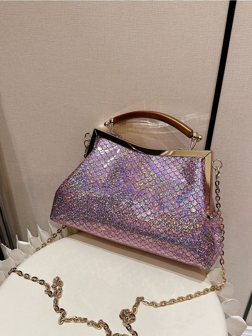 Small Square Bag Fish Scale Pattern Top Handle