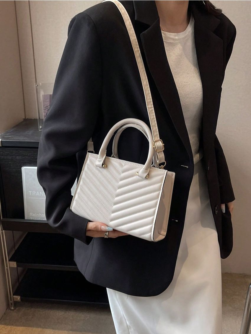 Mini Square Bag Chevron Pattern White Double Handle
