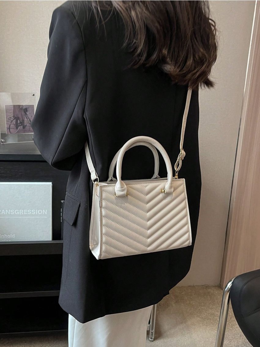 Mini Square Bag Chevron Pattern White Double Handle