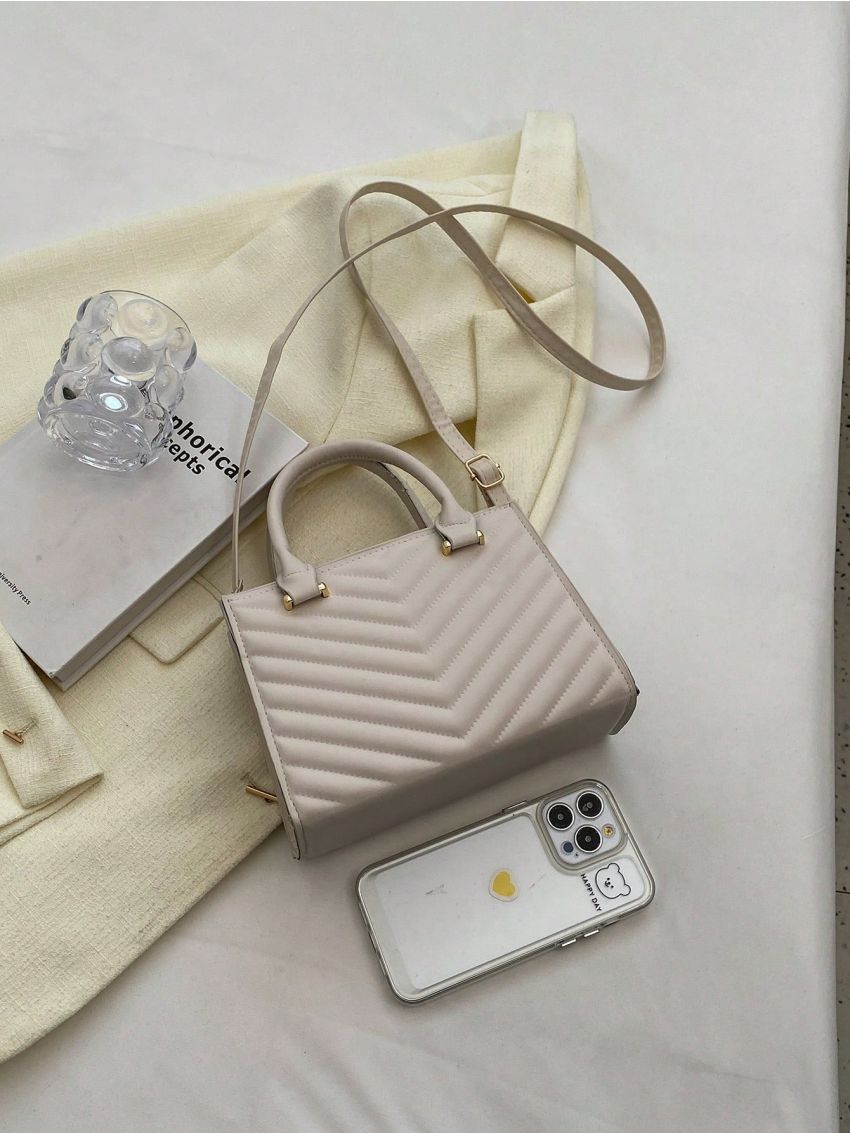 Mini Square Bag Chevron Pattern White Double Handle