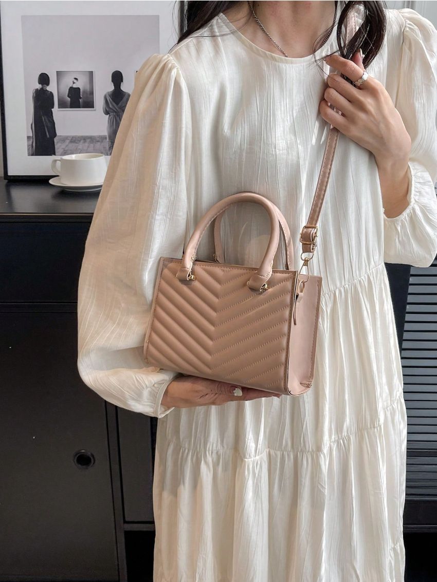 Mini Square Bag Chevron Pattern Khaki Double Handle