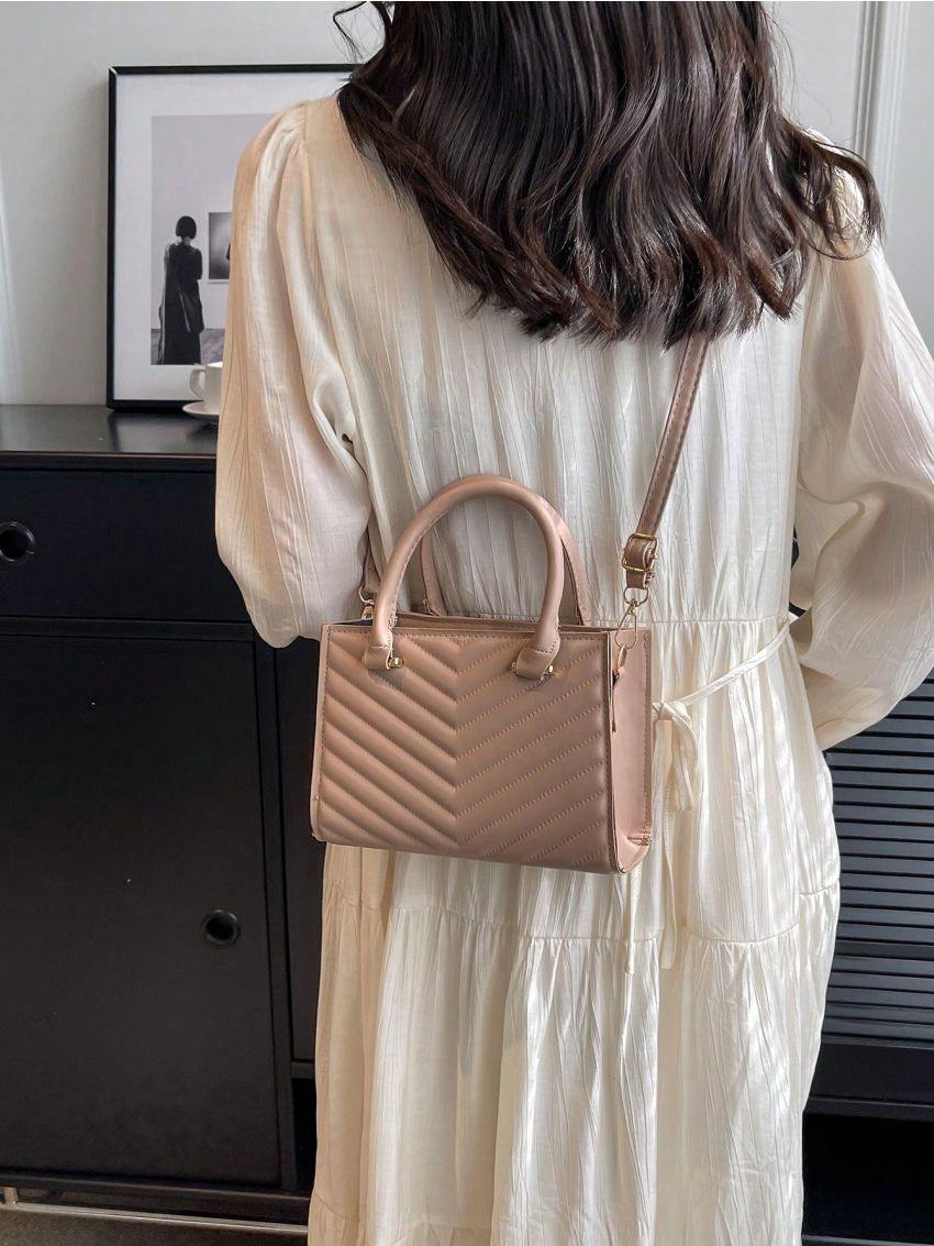 Mini Square Bag Chevron Pattern Khaki Double Handle
