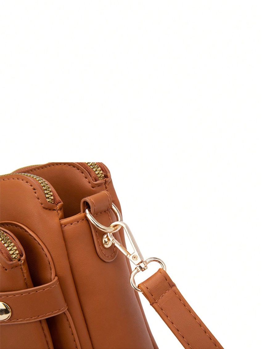 Brown Square Bag Studded Decor With Card Slot For Daily