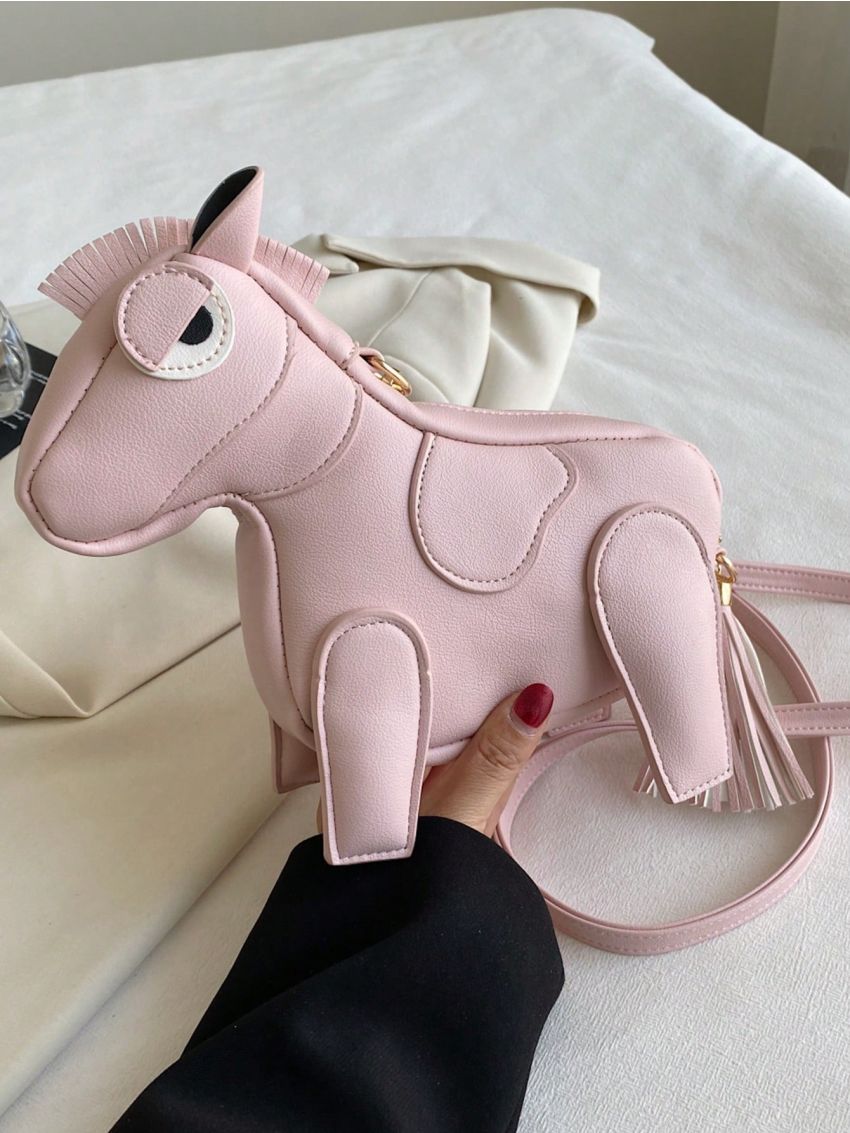 Cartoon Horse Design Novelty Bag Tassel Decor Baby Pink Fashionable