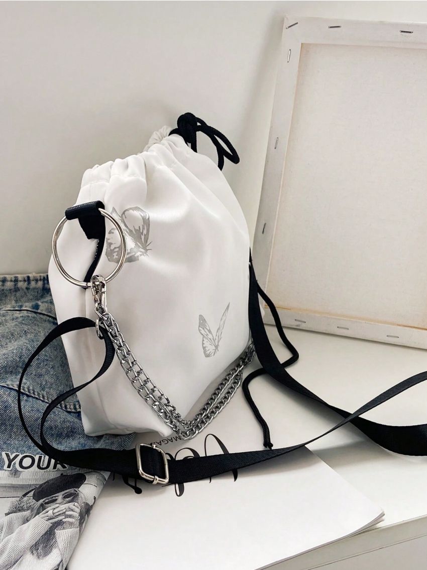 Glow In The Dark Butterfly Pattern Bucket Bag Chain Decor Drawstring Design Nylon