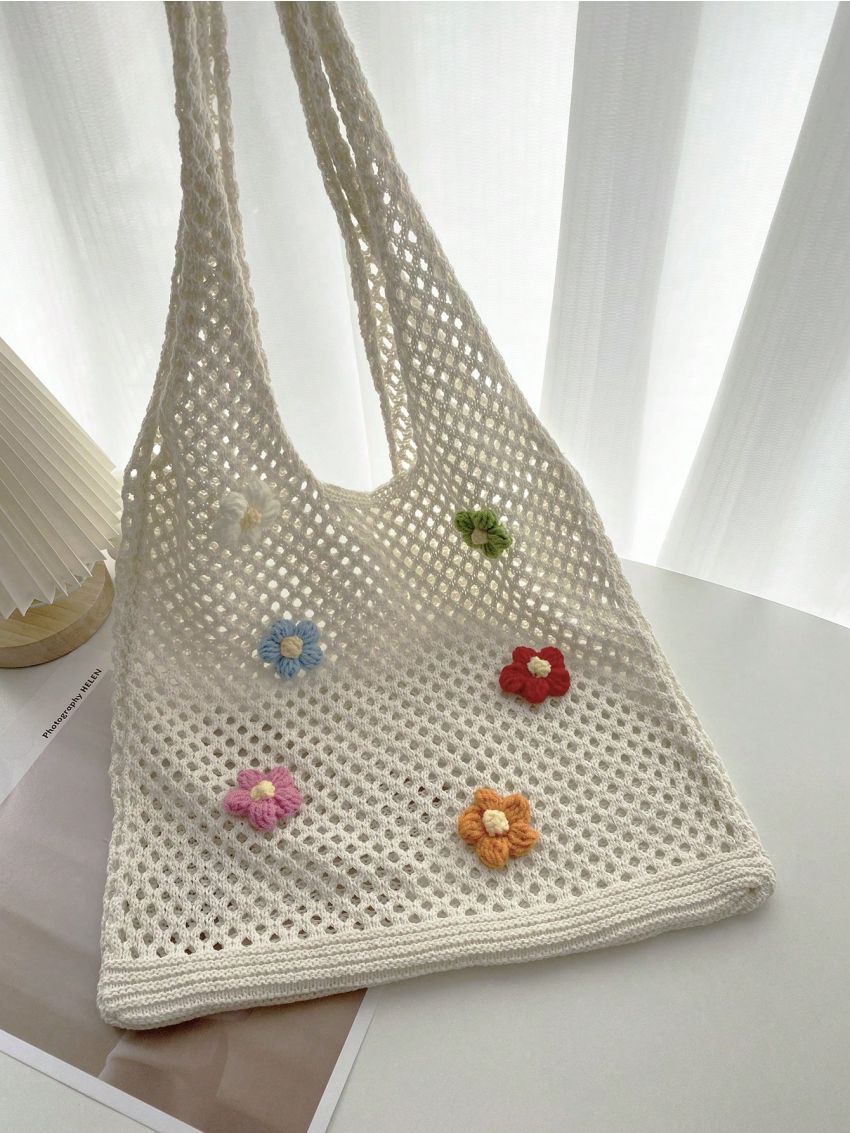 Flower Decor Crochet Bag Vacation Hollow Out Design