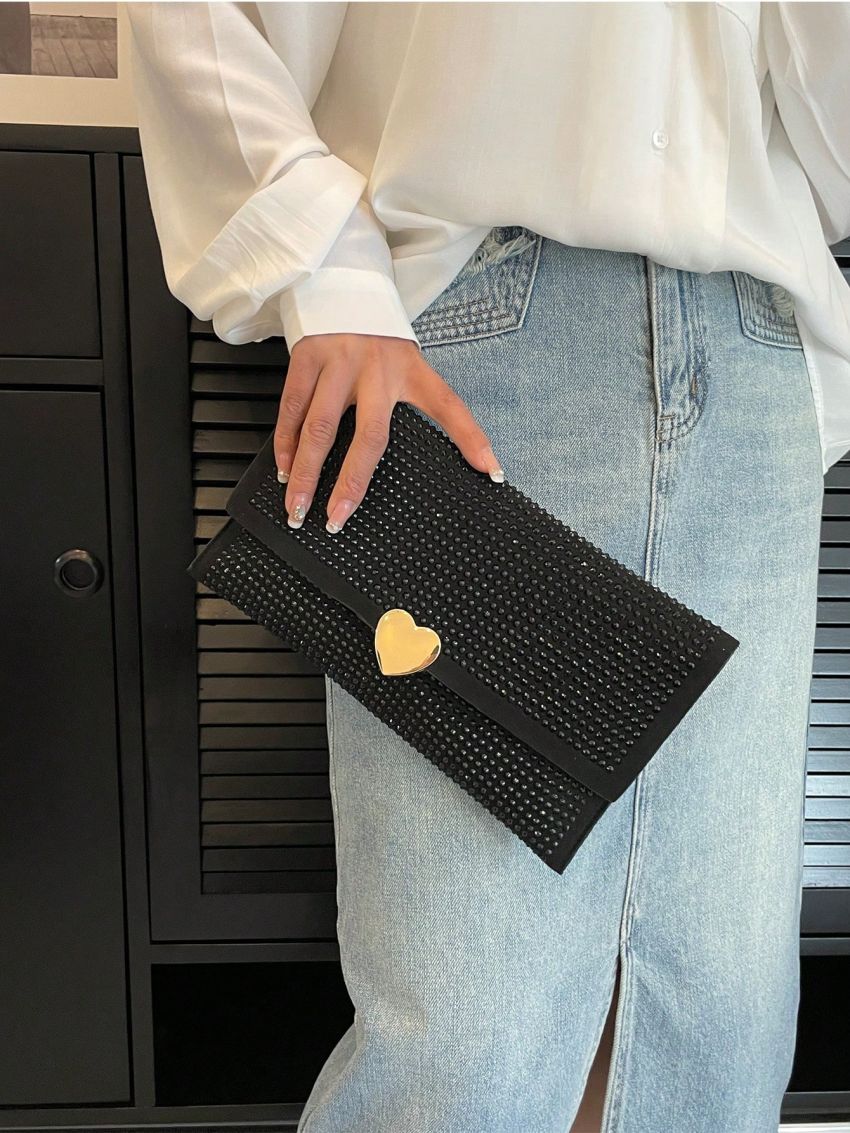 Medium Flap Evening Bag Rhinestone & Heart Decor