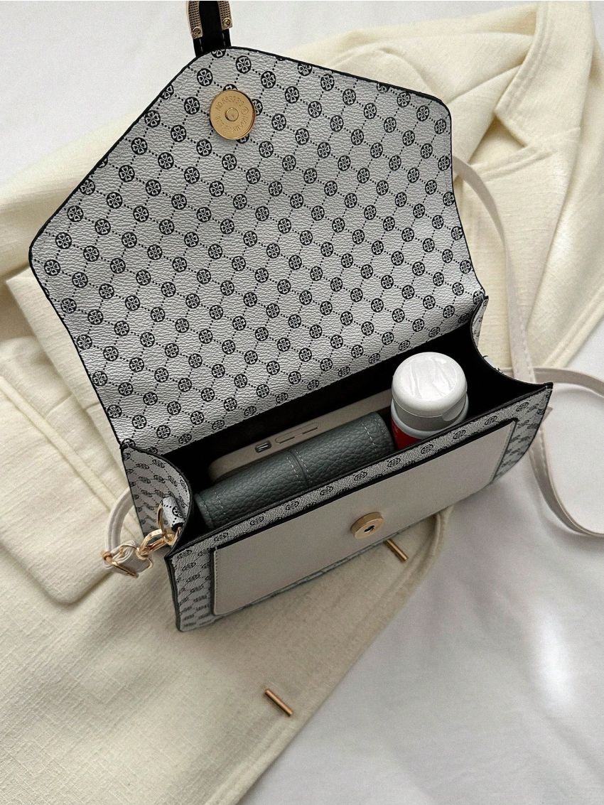 Small Flap Square Bag Colorblock Geometric Pattern Buckle Decor