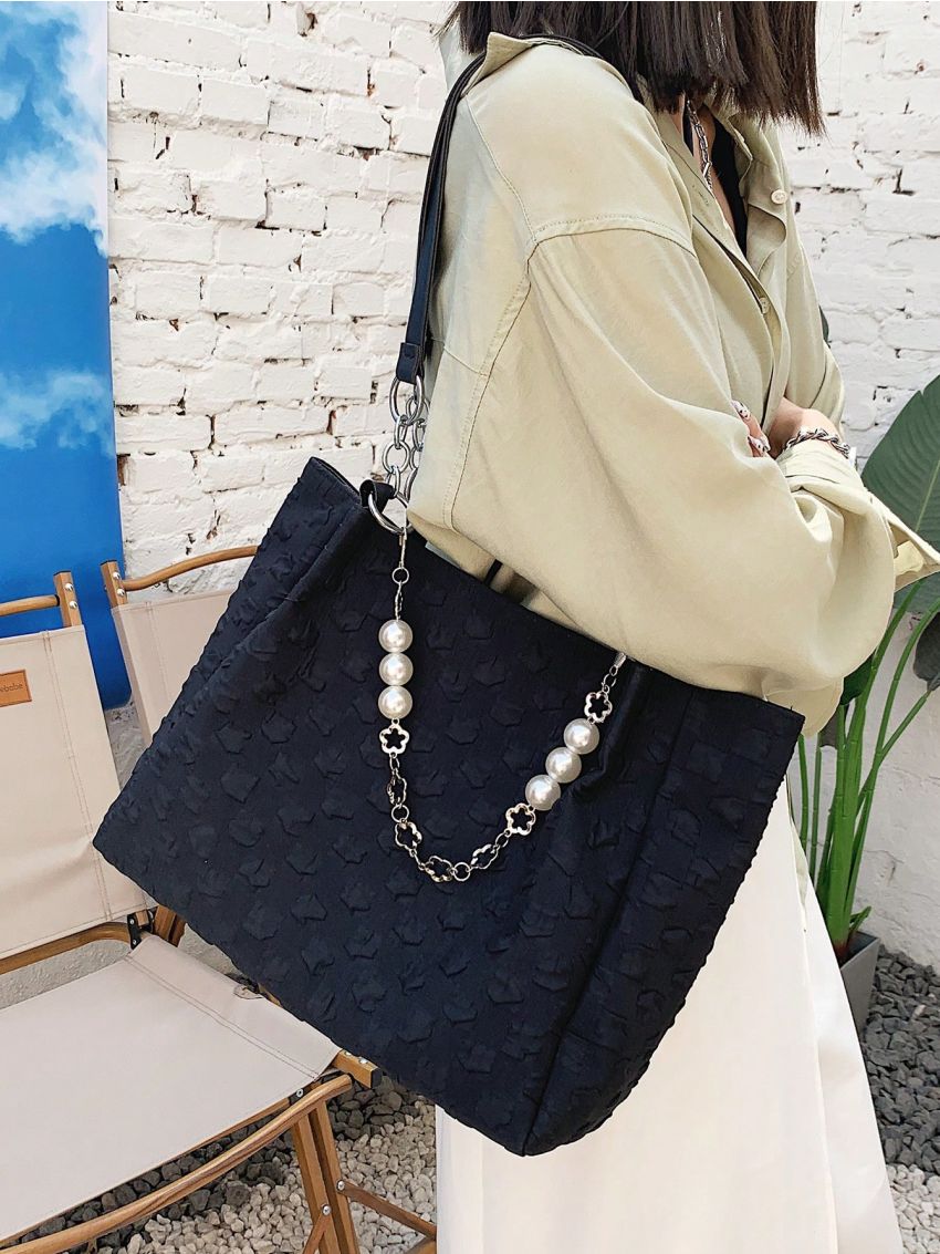 Small Shoulder Tote Bag Ruched Detail Chain & Pearl Decor