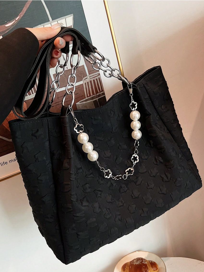 Small Shoulder Tote Bag Ruched Detail Chain & Pearl Decor