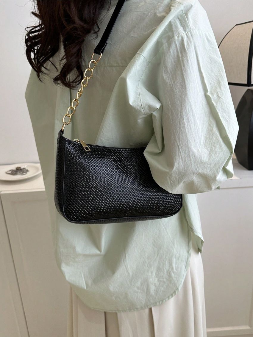 Small Hobo Bag Embossed Detail Solid Black