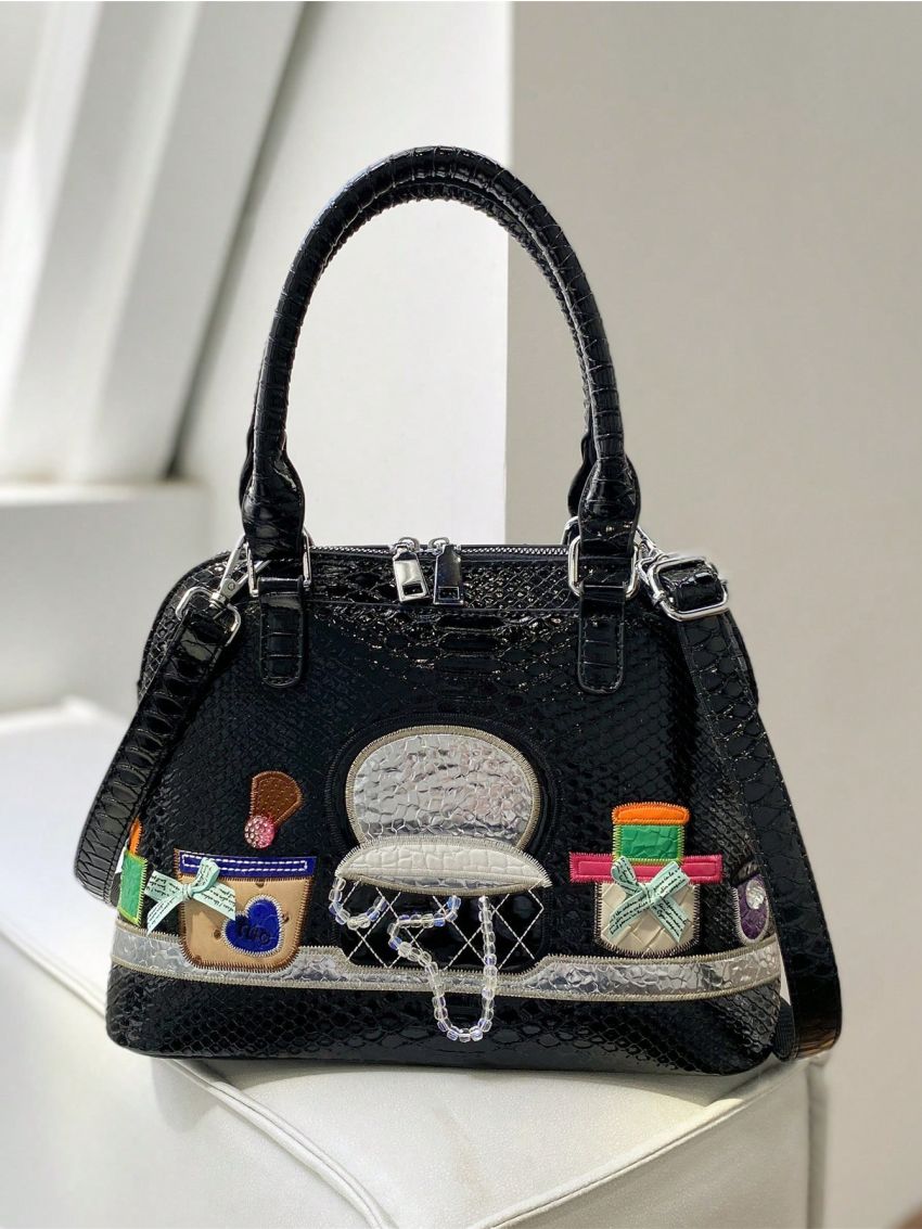 Medium Dome Bag Crocodile Embossed Patch Decor