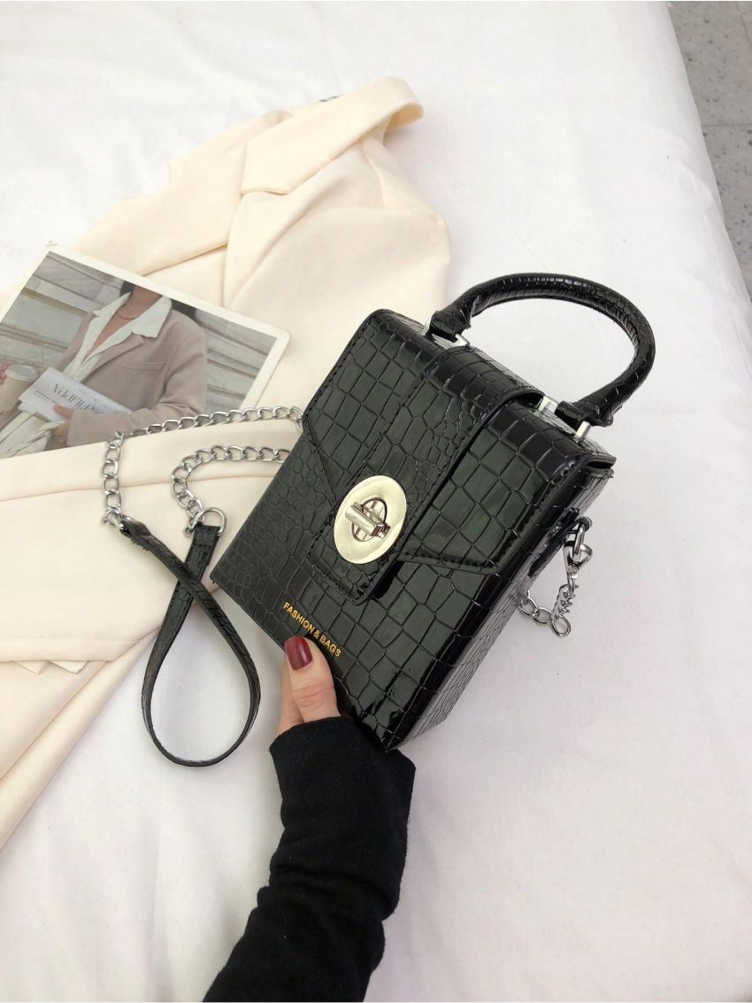 Mini Flap Square Bag Crocodile Embossed Turn Lock Letter Graphic