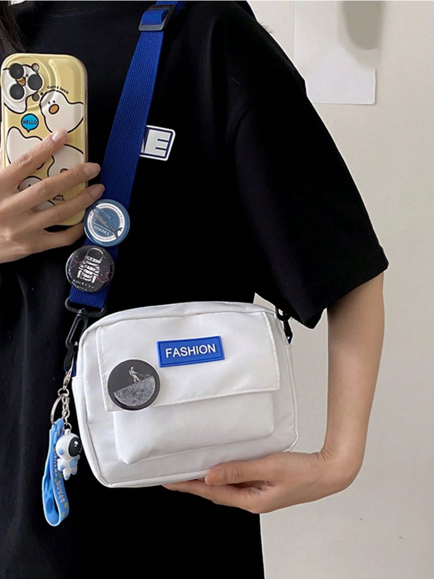 Mini Square Bag Letter Patch Decor Pocket Front