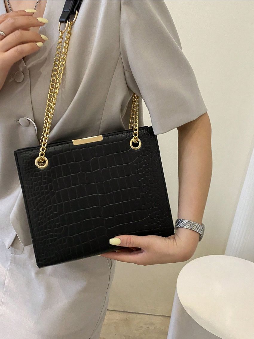 Small Square Bag Crocodile Embossed Eyelet Detail Chain Strap