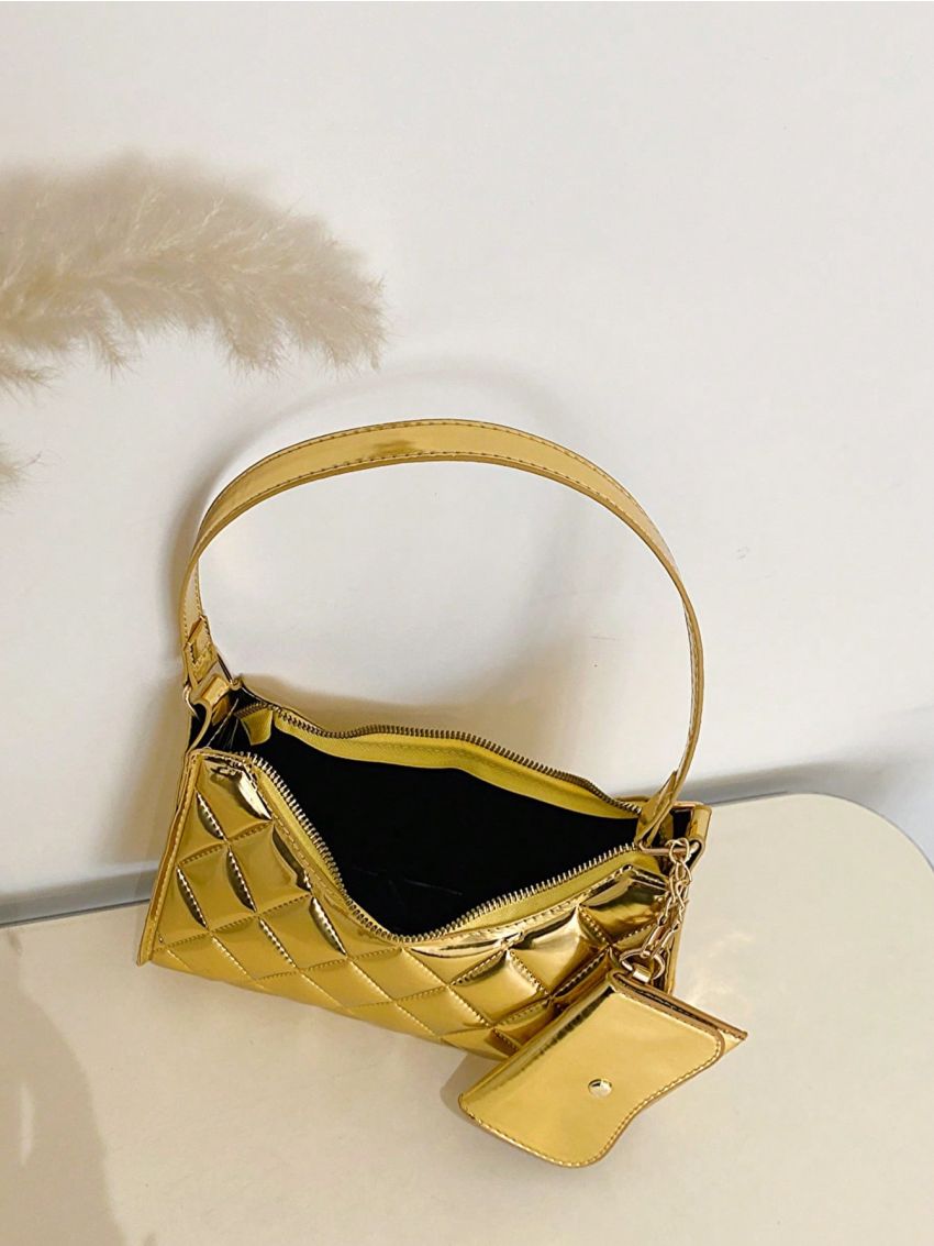 Funky Baguette Bag Quilted Metallic Pattern With Coin Purse