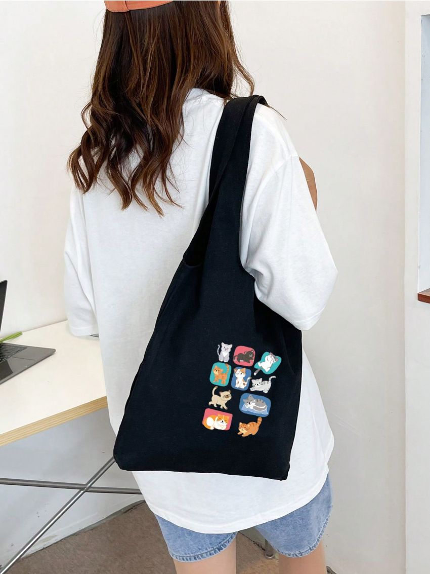 Medium Shopper Bag Cartoon Cat Print Double Handle Canvas