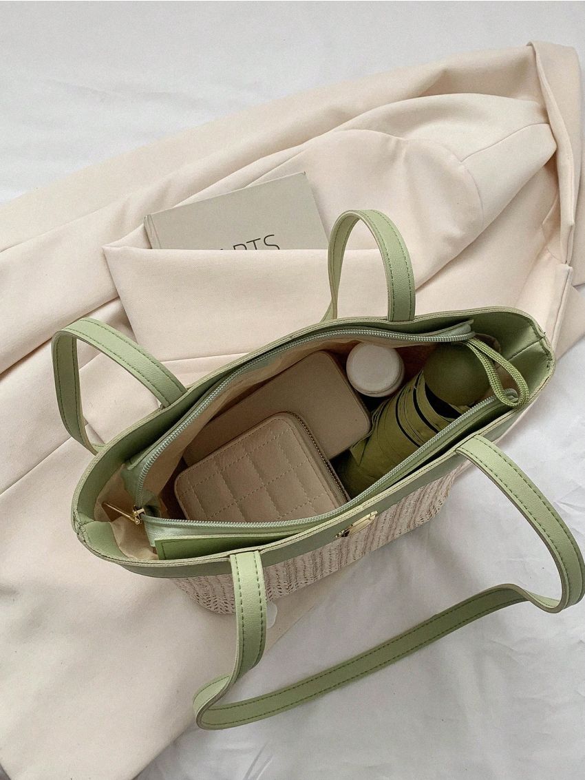 Small Straw Bag Colorblock Double Handle Vacation Style